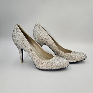 Bridal Taupe Crystal Embellished High Heels Shoes, Size 9.5